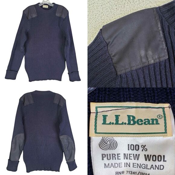 LL Bean Sweater Mens Large Blue Commando Merino Wool Ribbed Chunky Military Hike - Picture 1 of 10